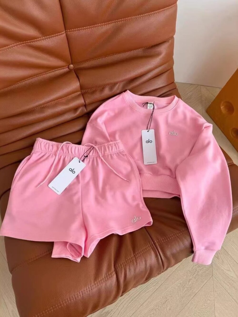 ALO Pink Sweatshirt & Shorts Set — Size S